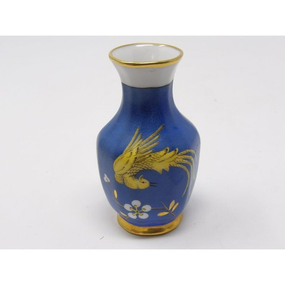 Vintage Oriental Porcelain Vase Blue with Yellow Pheasant Bird Gold Accents and - Picture 1 of 10